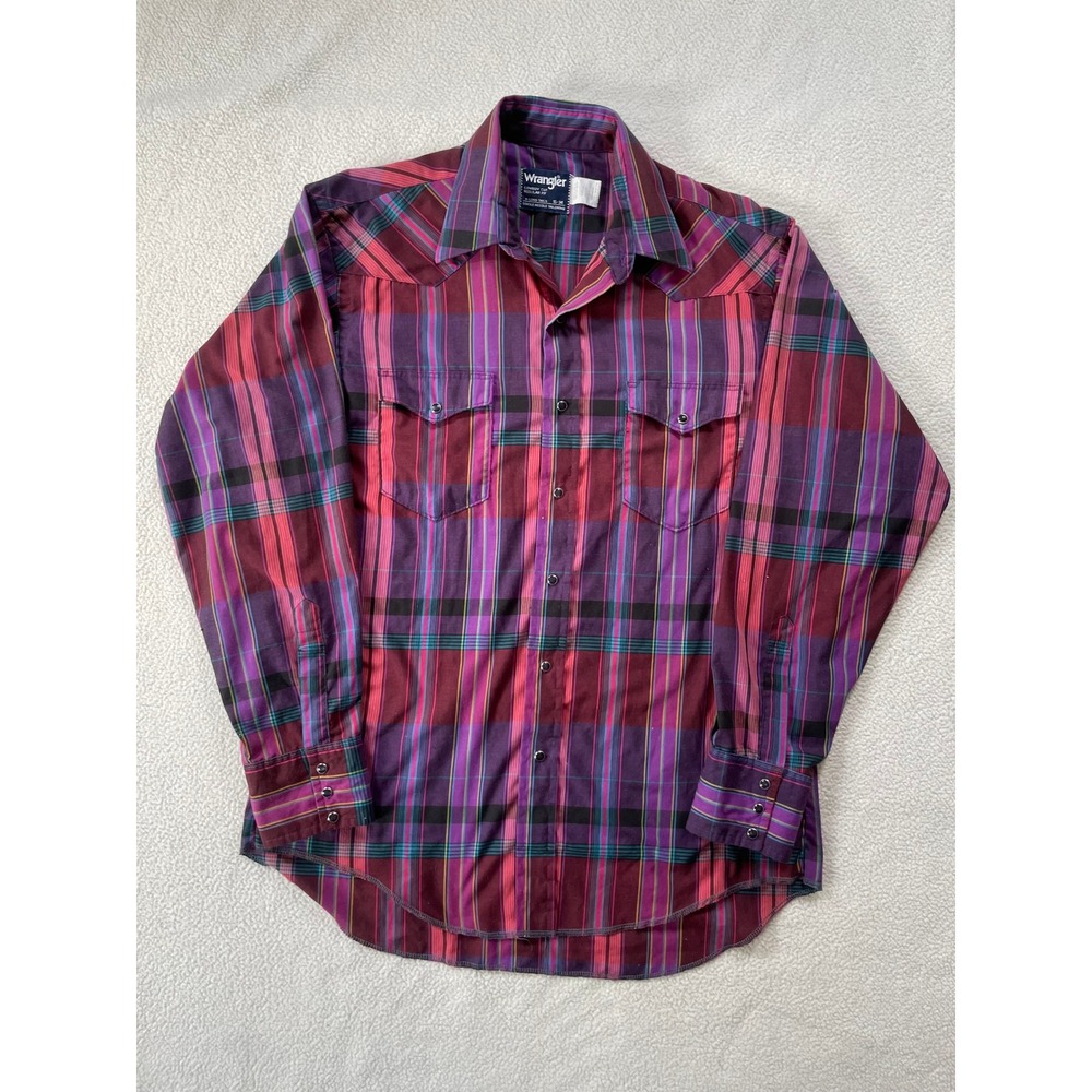 Vintage 90s Wrangler Mens 16-34 Western Shirt Purple Plaid Cowboy Cut Pearl Snap